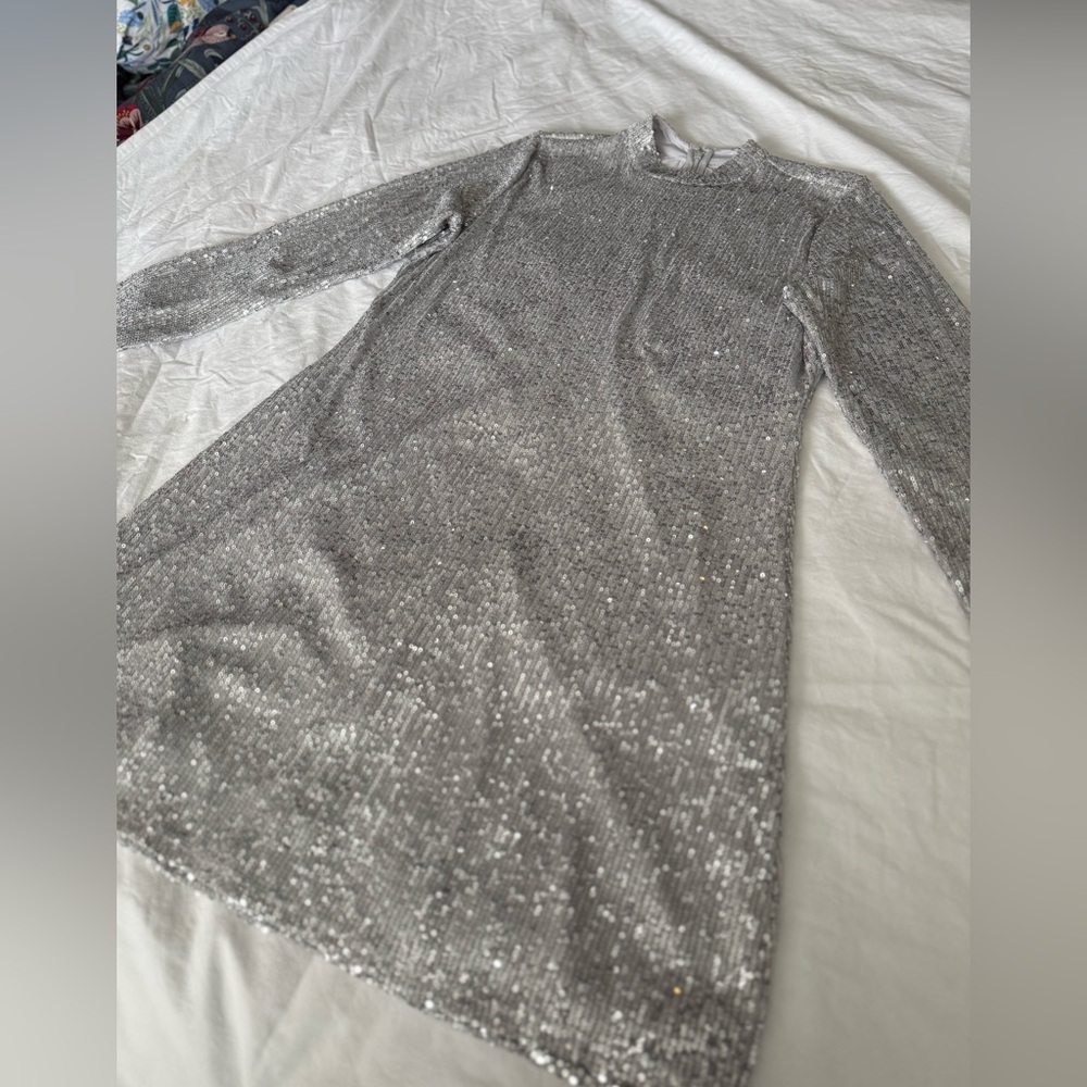 Abercombie & Fitch Paloma Long-Sleeve Sequin Mini Dress, Silver